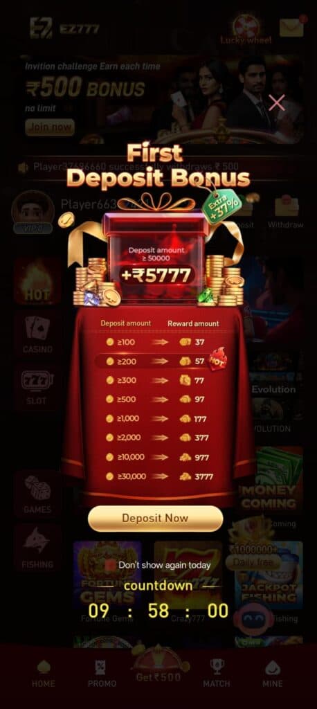 EZ777 APK Download casino bonus app interface