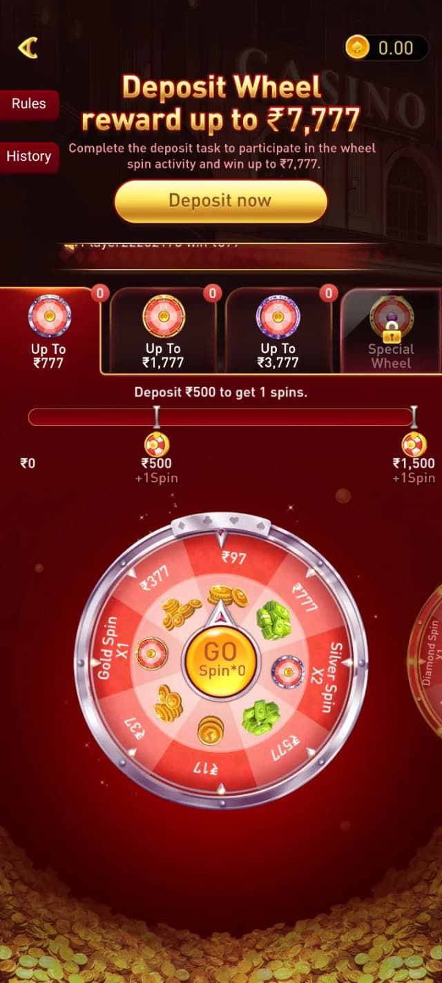 EZ777 deposit bonus wheel spin reward interface