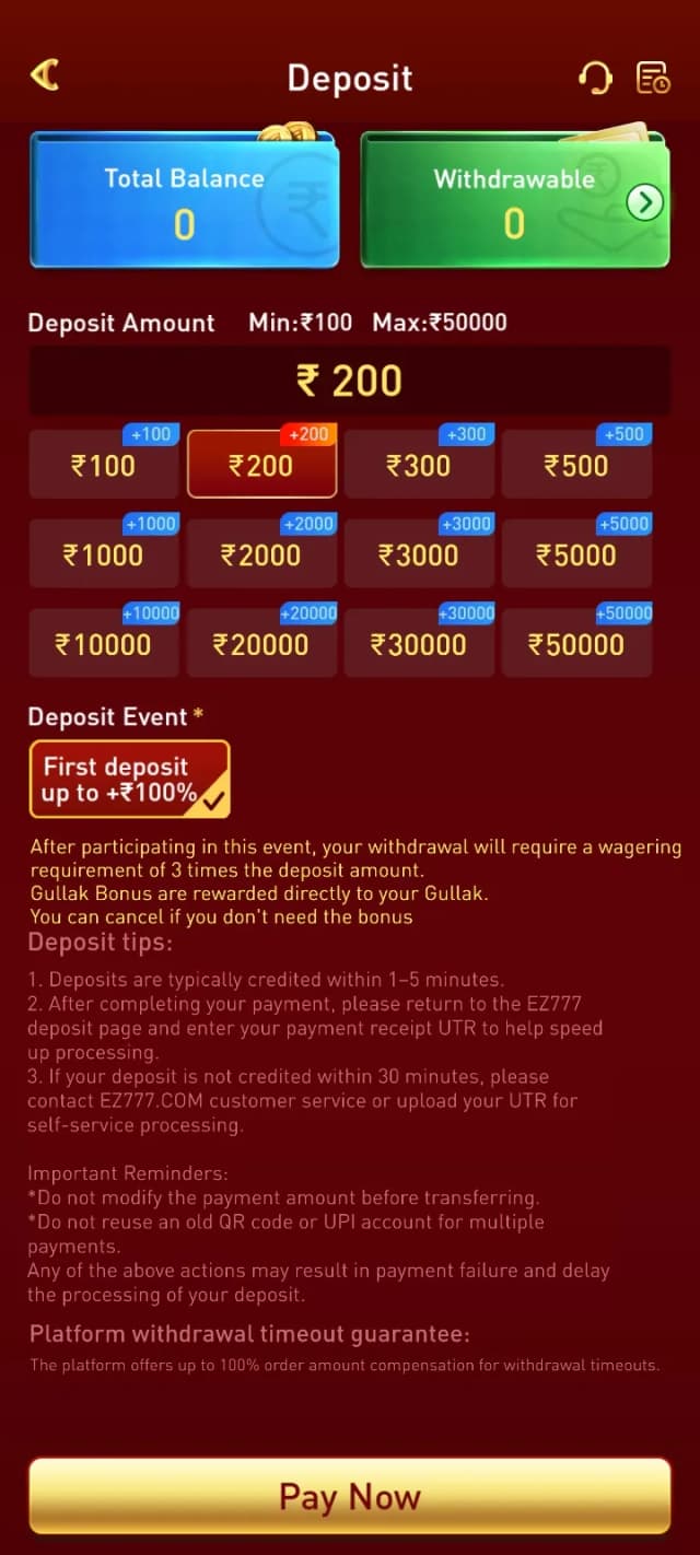EZ777 deposit money interface showing payment options